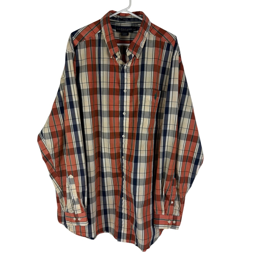 US Polo Assn Men's 2XLT Orange Plaid Stretch Long Sleeve‎ Button Down Shirt Tall